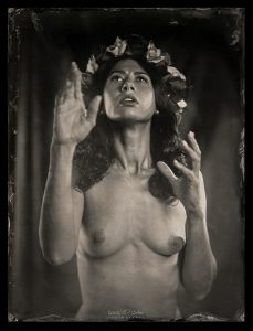 étude de nu féminin avec couronne de fleurs au collodion humide